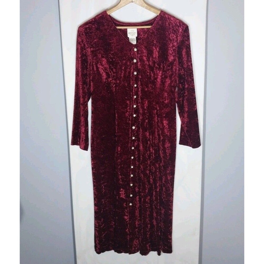 Vintage Burgundy Crushed Velvet Midi Dress Sz 14 Whimsigoth Witchy Renaissance